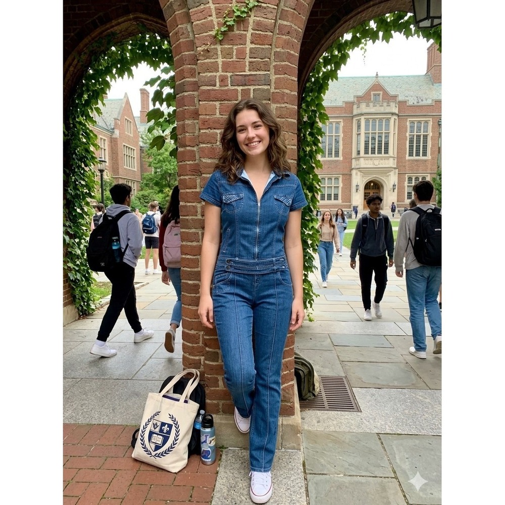 Women's Blue Denim Skinny Jumpsuit - Classic Short Sleeve